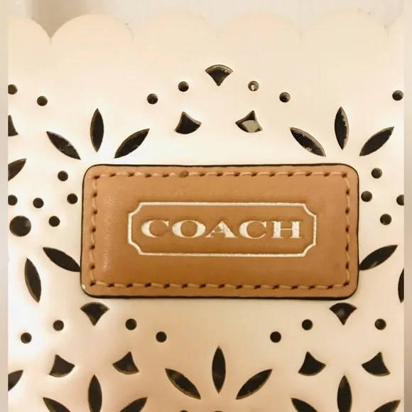 #006. COACH Metro Eyelet Perforated Tote - metallic cream & tan leather handles